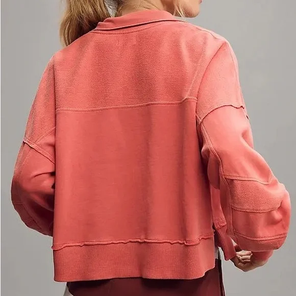 Pilcro Kamrie Pieced Popover Top Red Coral Size Large Oversized Sweatshirt - Picture 2 of 13